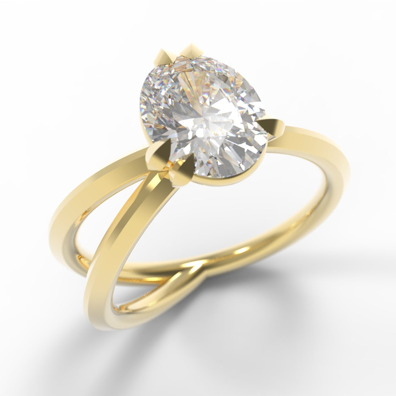 Gold Engagement Ring with 2 carat large oval diamond, set with leaf claws and branch details.