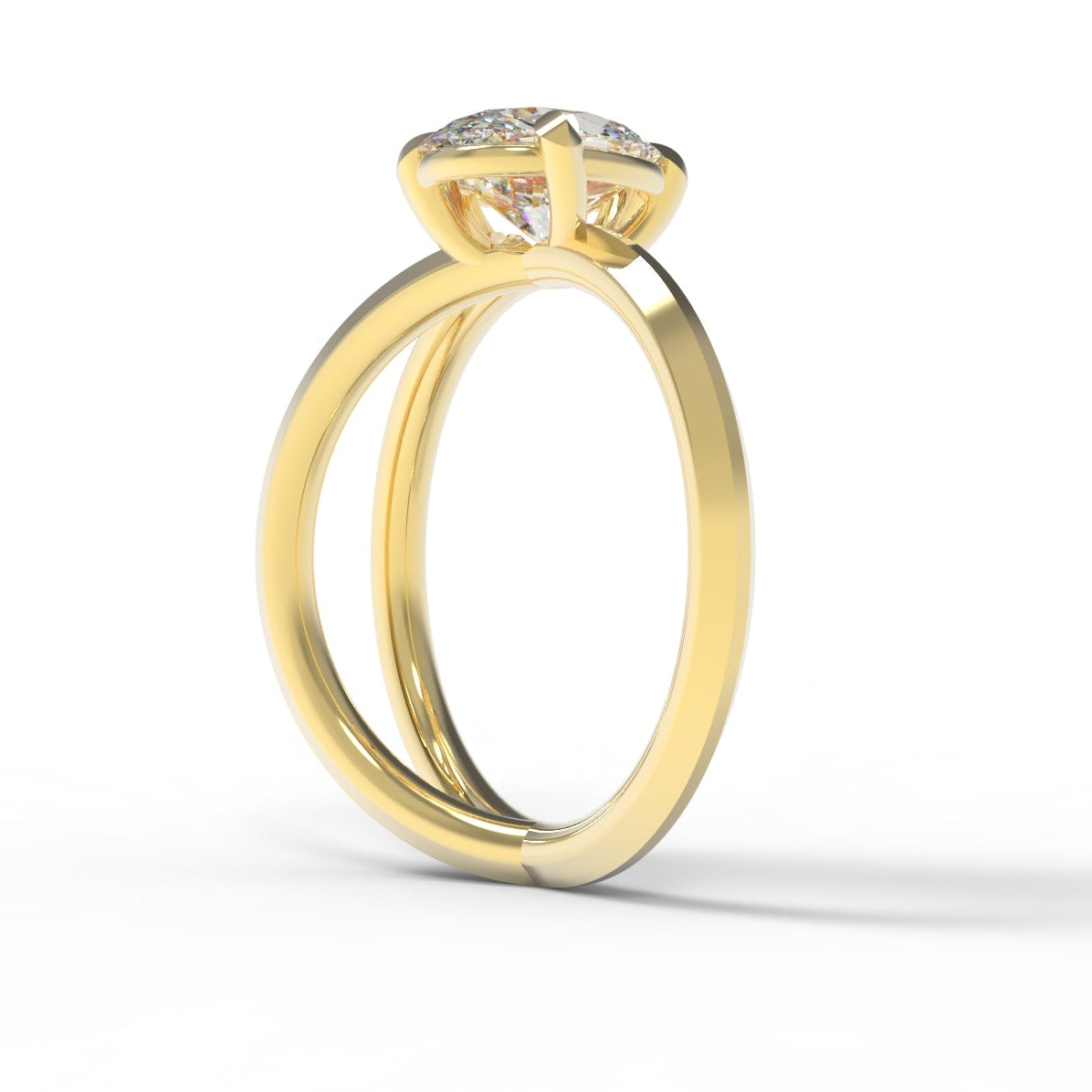 Side view of a Gold Engagement Ring with 2 carat large oval diamond, set with leaf claws and branch details.