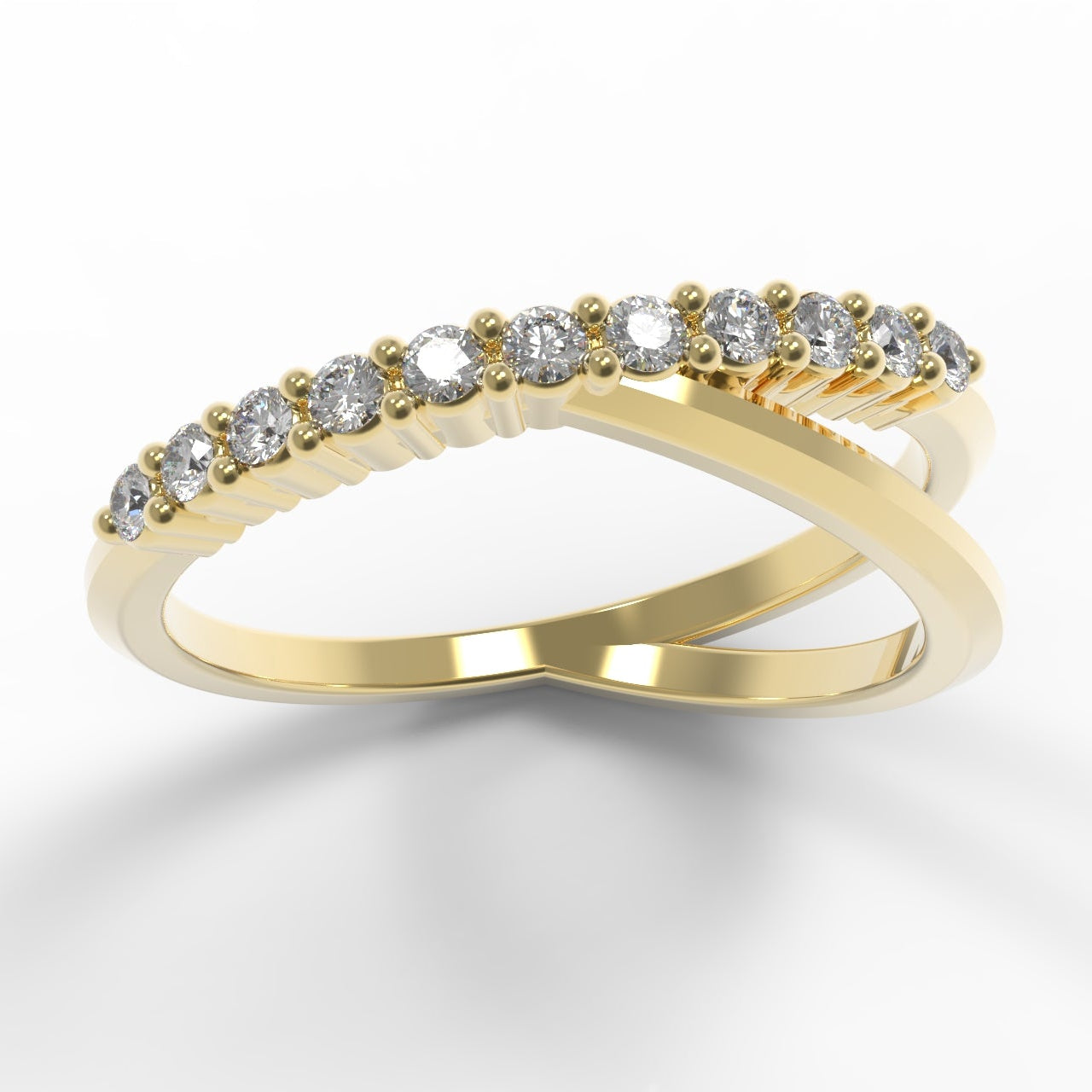 Gold ring with Canadian diamonds on a white background. Shared Claw setting. Asymmetrical branches band. Chayle Jewellery Studio.