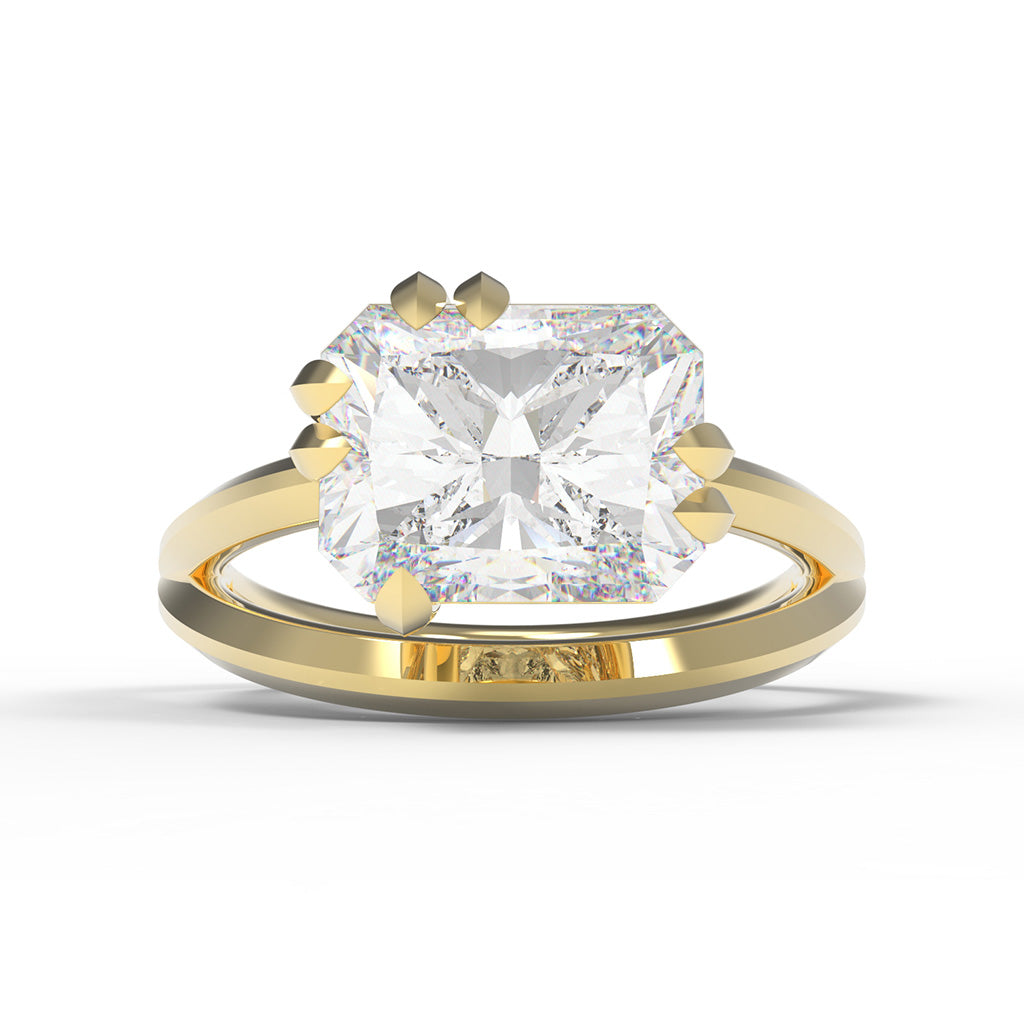 Yellow gold Engagement Ring with a large radiant cut diamond, East-West set in a split band with leaf shaped claw settings.