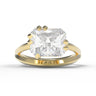 Yellow gold Engagement Ring with a large radiant cut diamond, East-West set in a split band with leaf shaped claw settings.