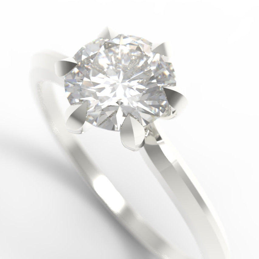 White Gold ring with a large diamond set wit h6-claws setting, on a white background