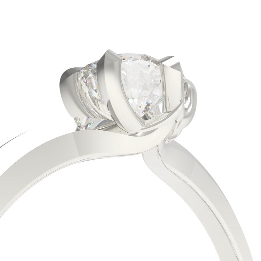 Close-up of a 6 claw setting diamond ring with a white background