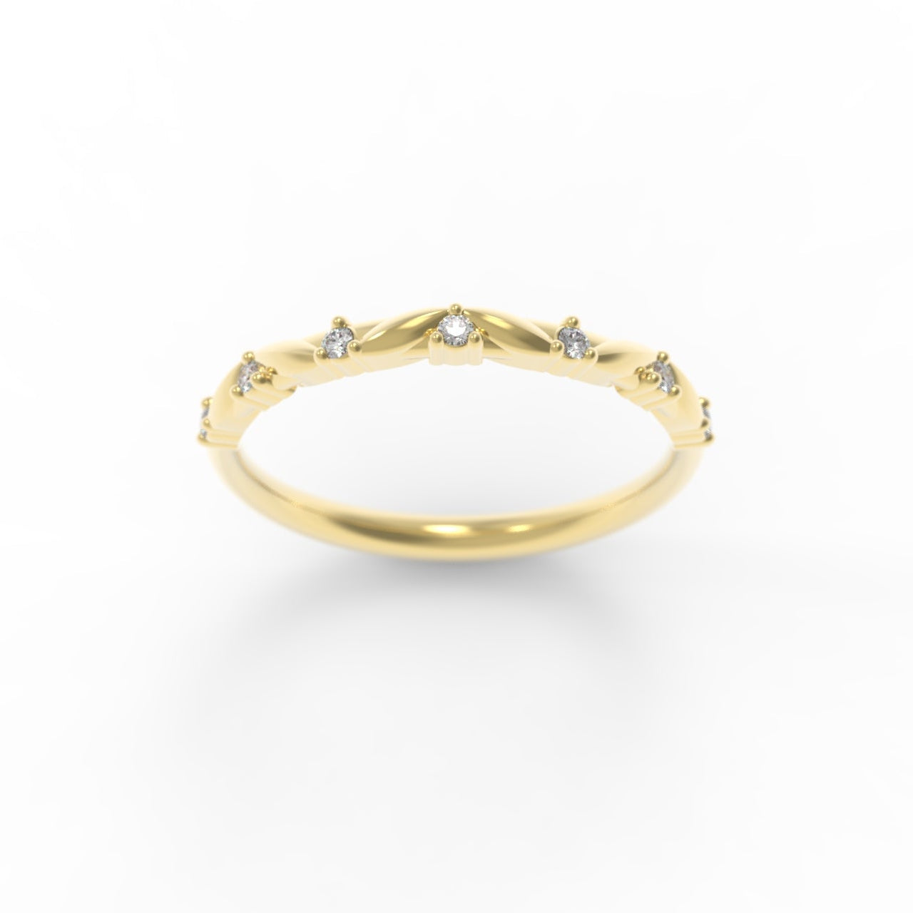 Gold and Diamond Anniversary Ring with Small Canadian Diamonds and intricate leaf details on a white background.