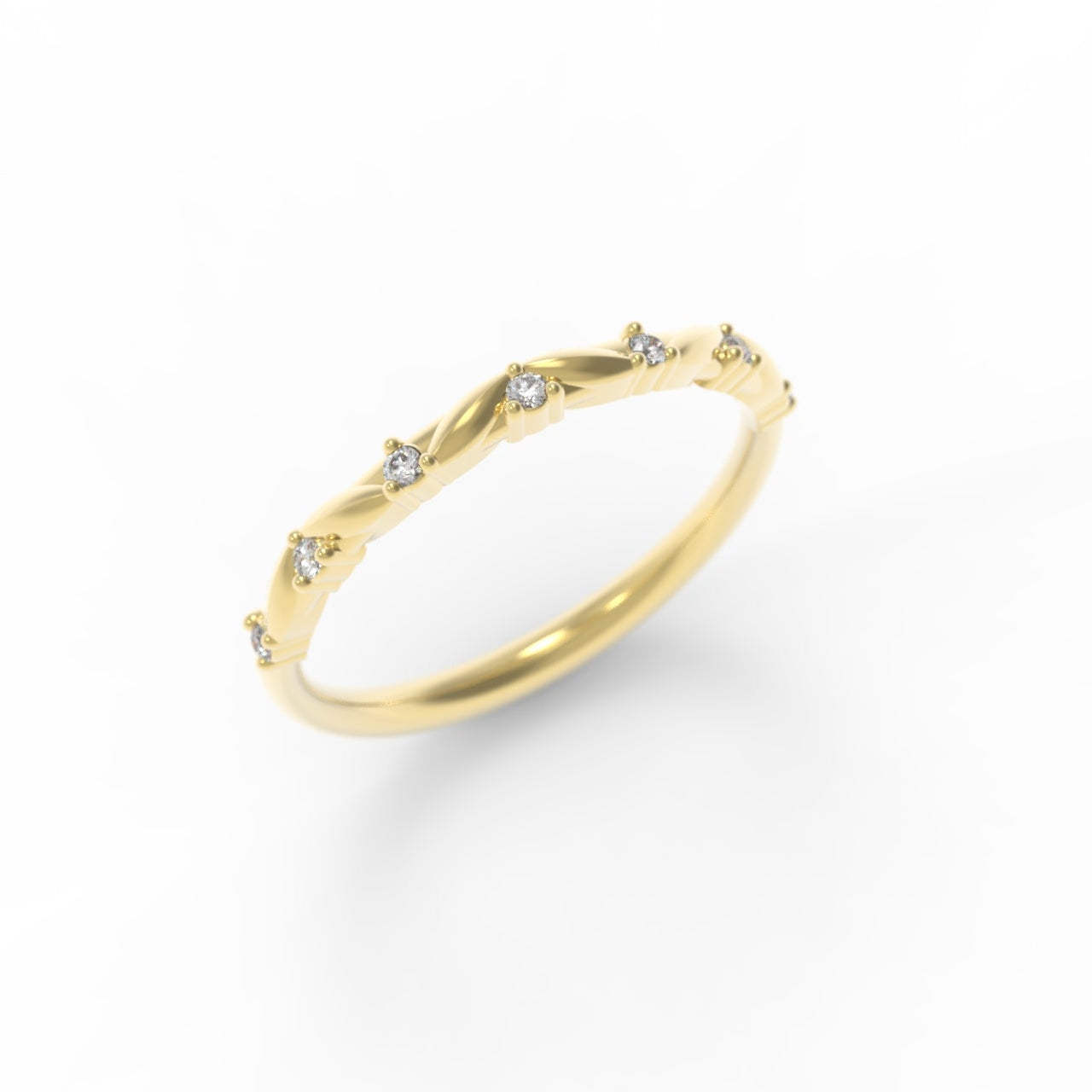 Gold and Diamond Half Eternity Ring with Small Canadian Diamonds and intricate leaf details on a white background.