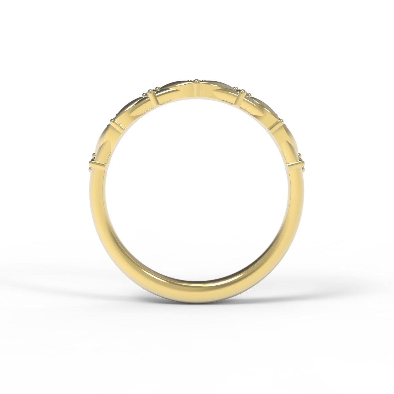 Gold and Diamond Anniversary Ring with Small Canadian Diamonds and intricate leaf details on a white background.