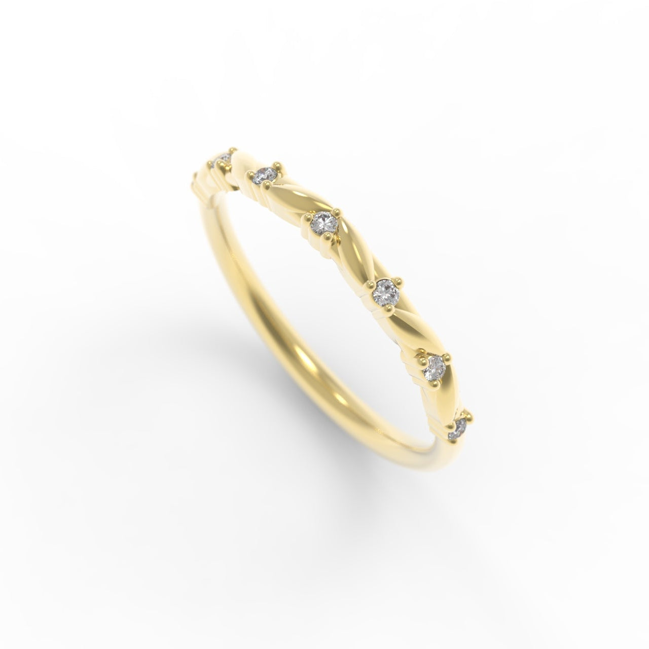 Gold and Diamond Half Eternity Ring with Small Canadian Diamonds and intricate leaf details on a white background.