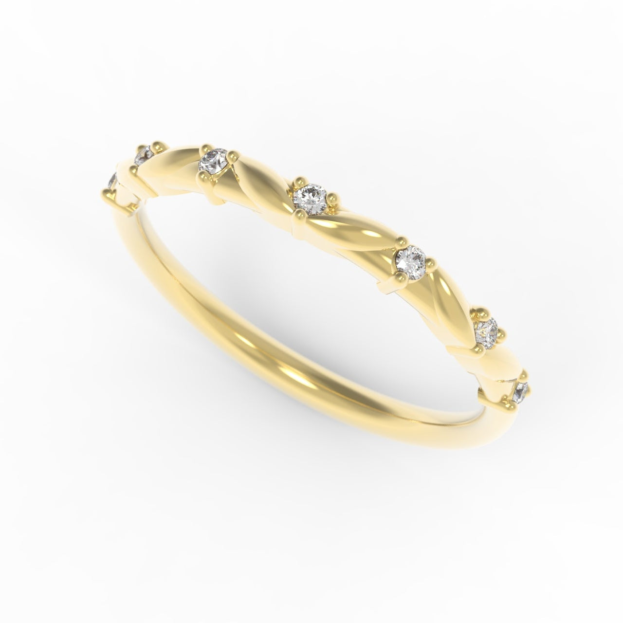 Gold and Diamond Half Eternity Ring with Small Canadian Diamonds and intricate leaf details on a white background.