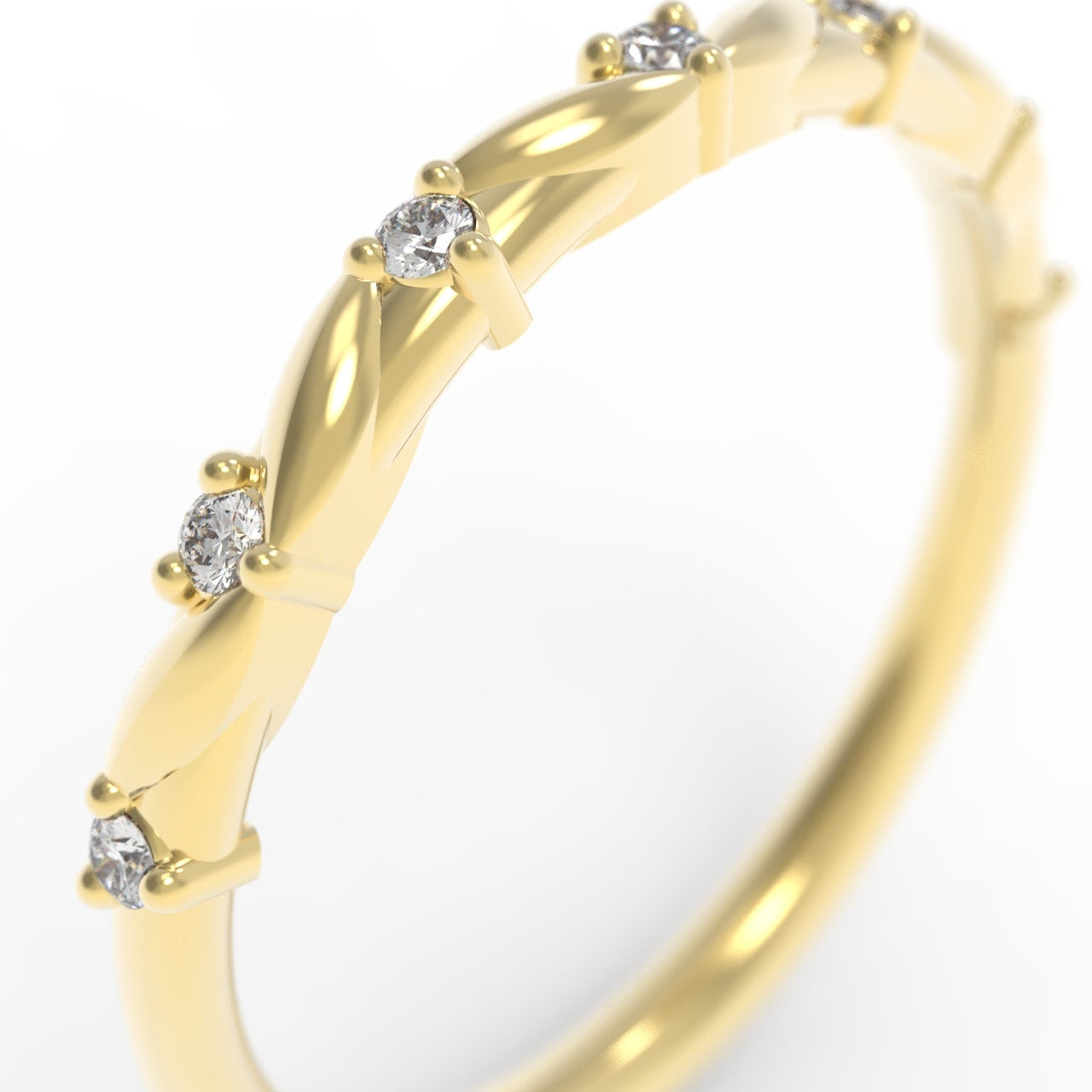 Canadian Diamonds and Leaf Anniversary Ring in 14K Yellow Gold on a White Background.