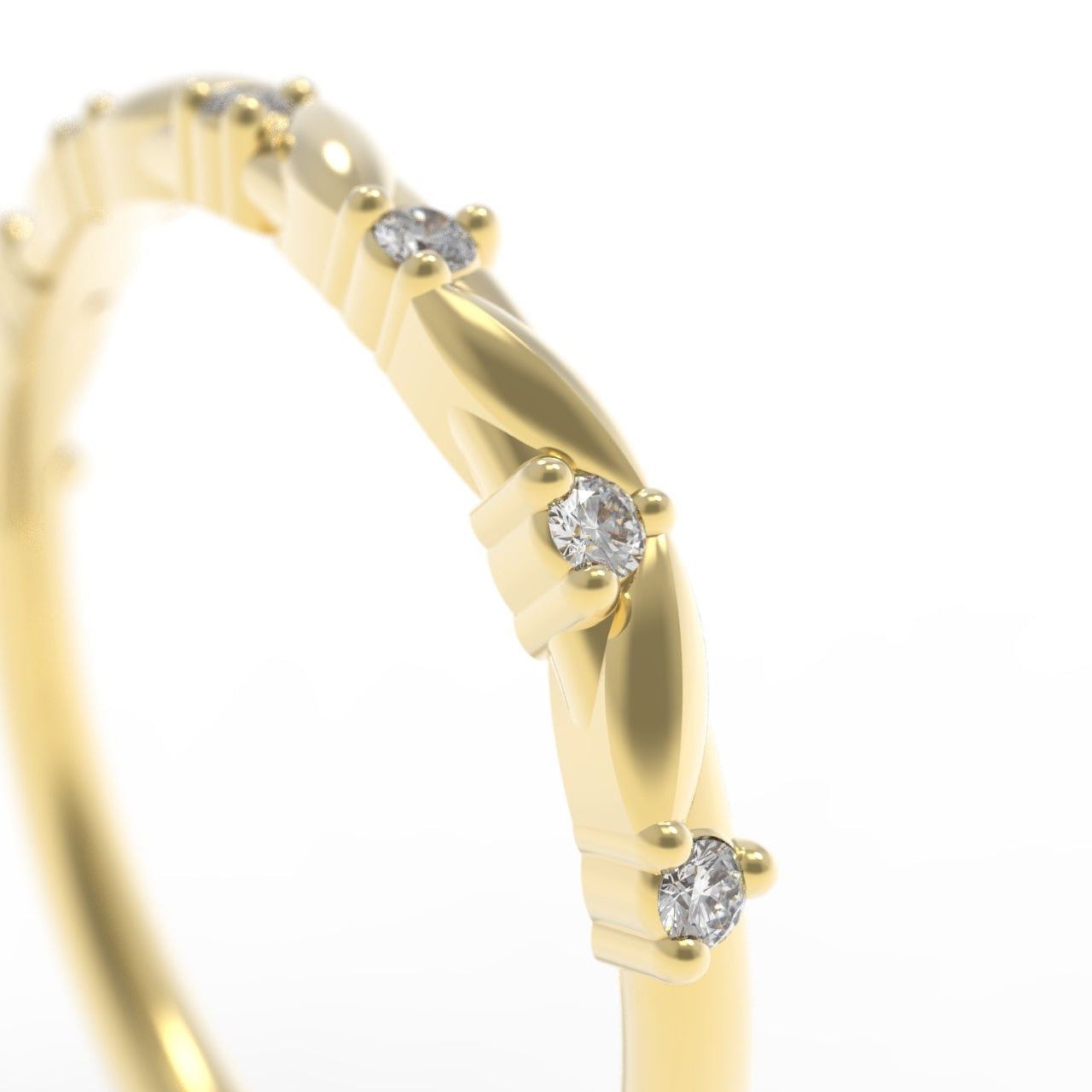 Gold and Diamond Half Eternity Ring with Small Canadian Diamonds and intricate leaf details on a white background.