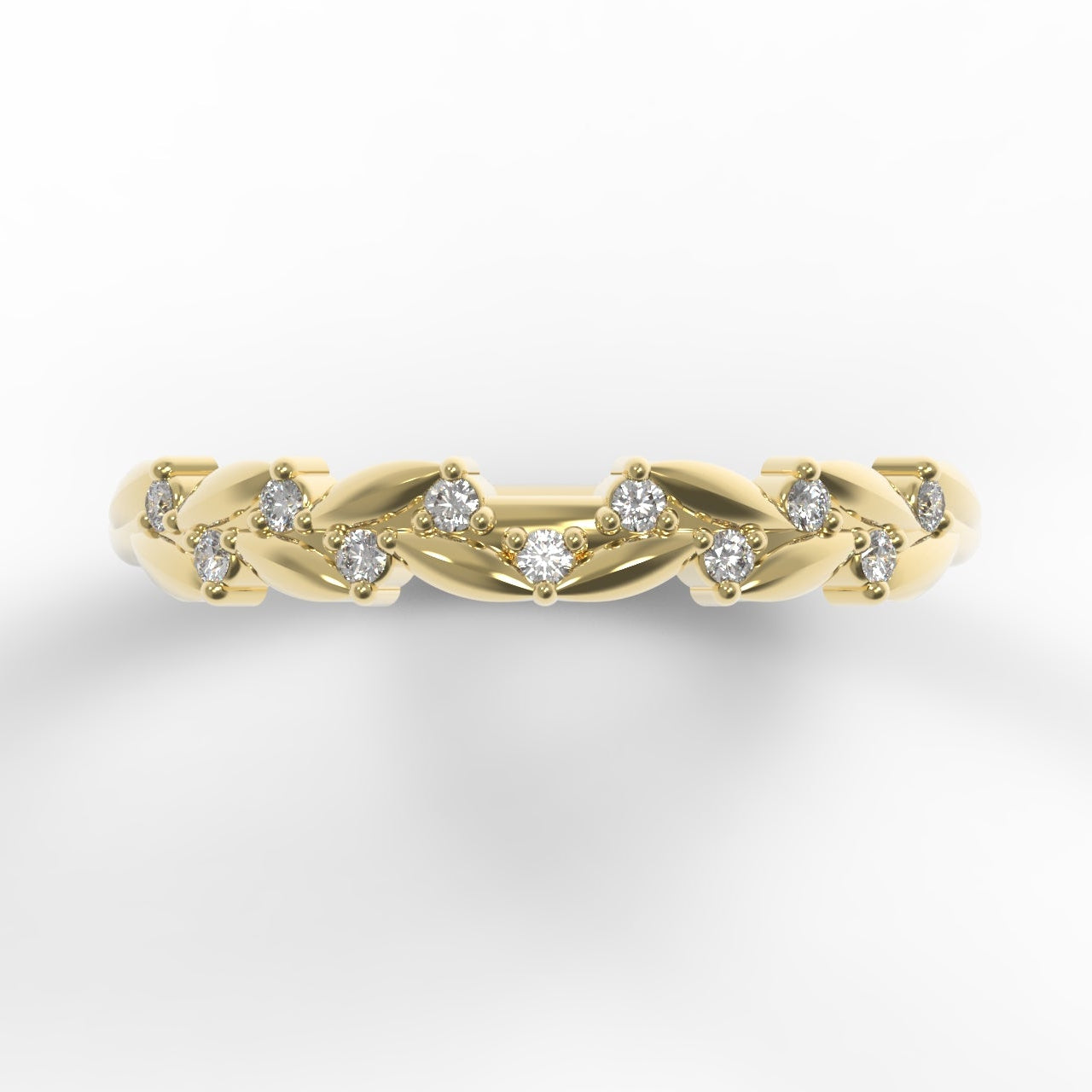 Diamond Half Eternity Band with Leaf Details in 14K Yellow Gold on White Background.