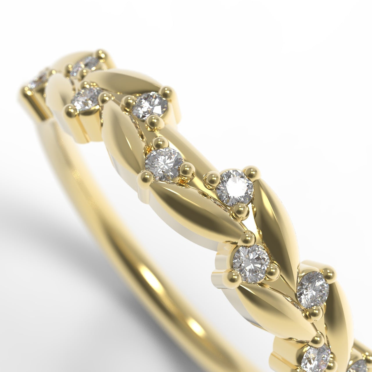 Diamond Half Eternity Band with Leaf Details in 14K Yellow Gold on White Background.