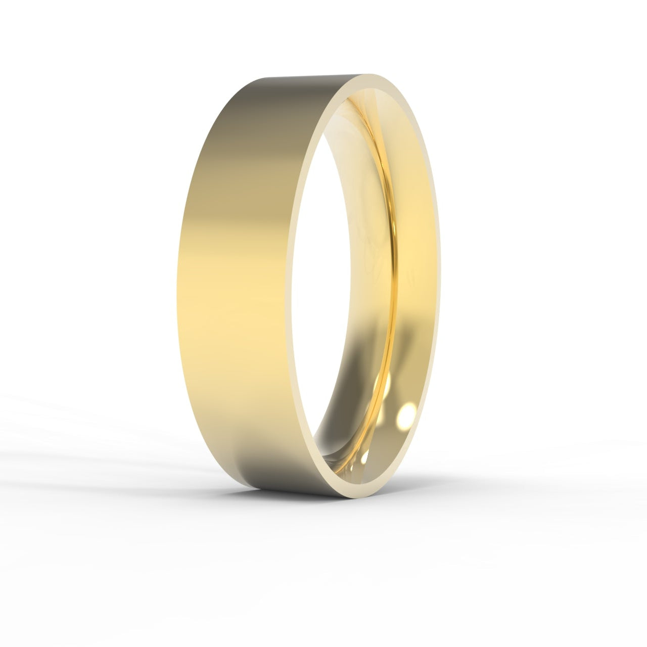 Flat Modernist 14K Yellow Gold wedding band ring on a white background