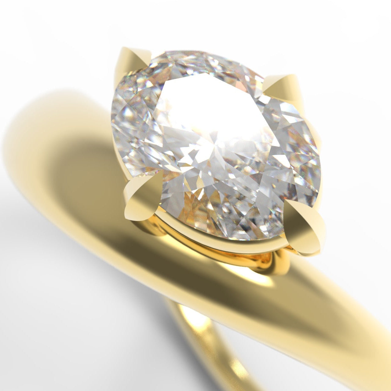 A Large Oval Diamond Ring, with a Wide Yellow Gold Band, with Sculptural Wave details and an East-West setting.