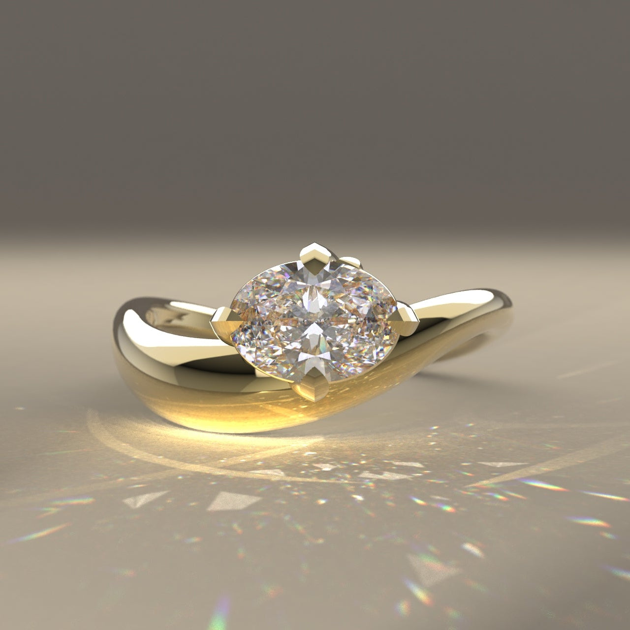 Ethically made Gold ring with a oval Canadian diamond on a light beige surface in reflective spot lighting.