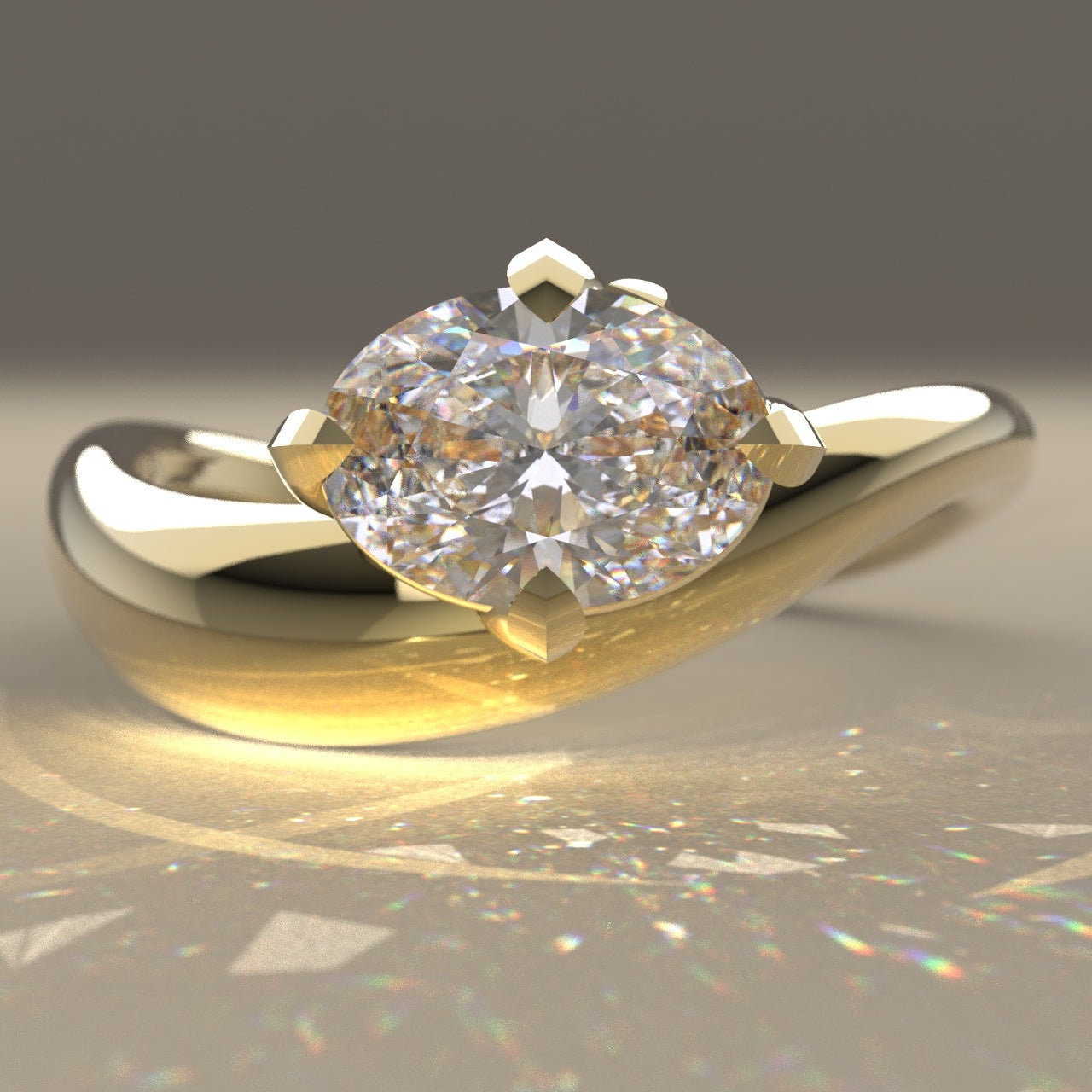 Ethically made Gold ring with a oval Canadian diamond on a light beige surface in reflective spot lighting.