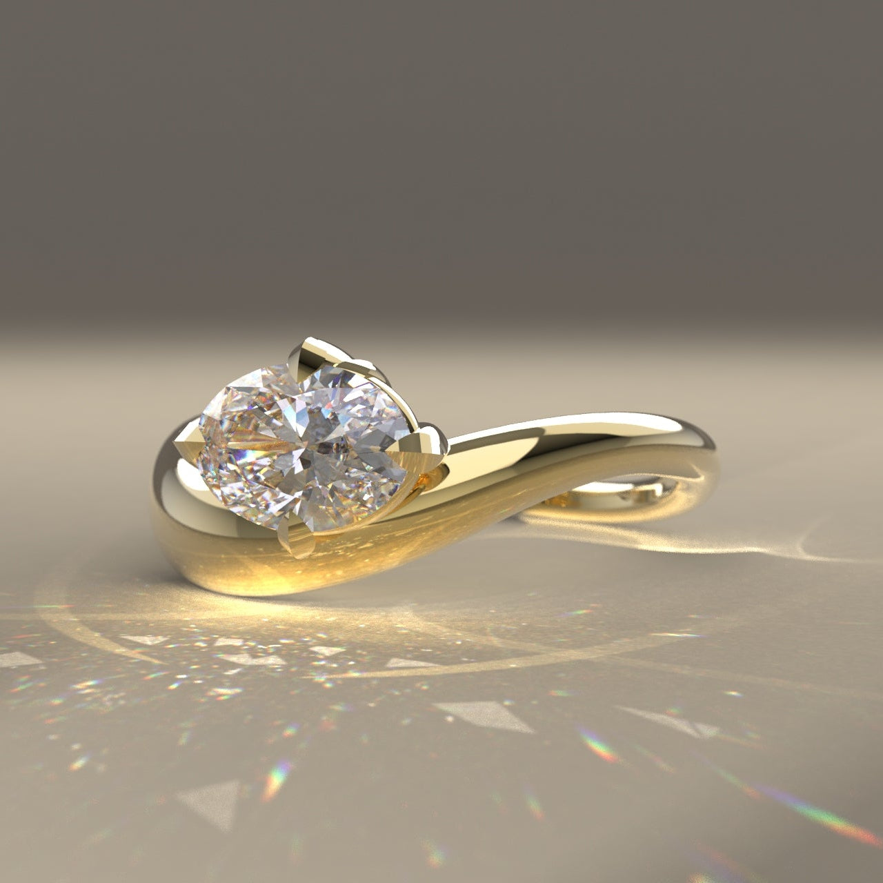Ethically made Gold ring with a oval Canadian diamond on a light beige surface in reflective spot lighting.