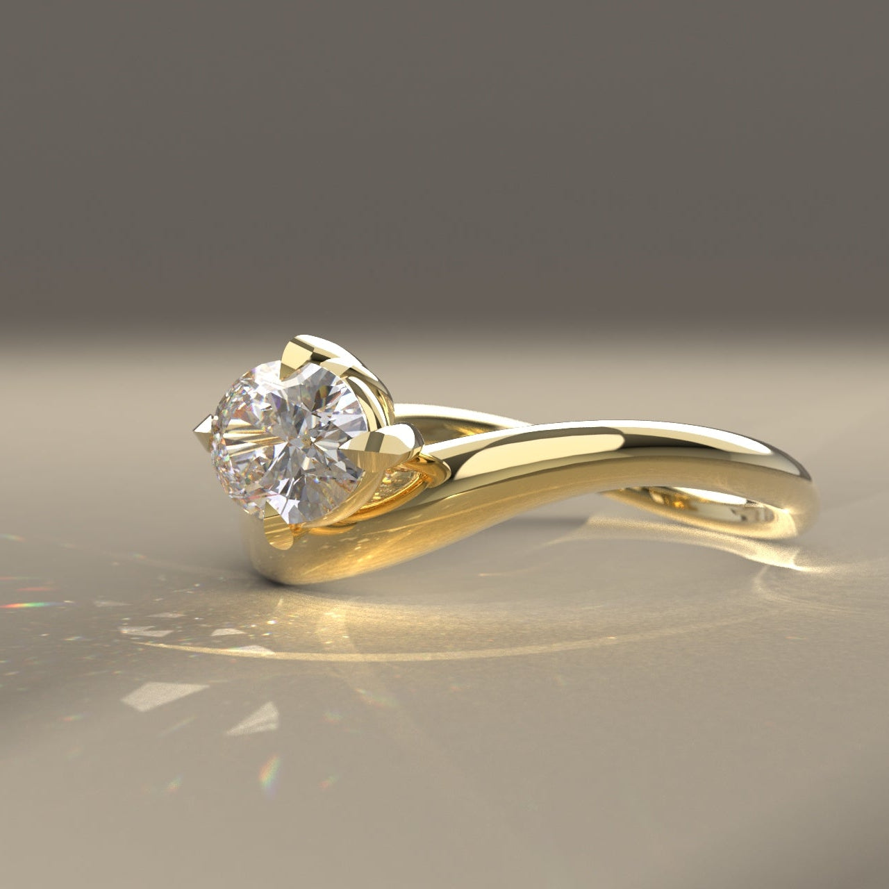 Ethically made Gold ring with a oval Canadian diamond on a light beige surface in reflective spot lighting.