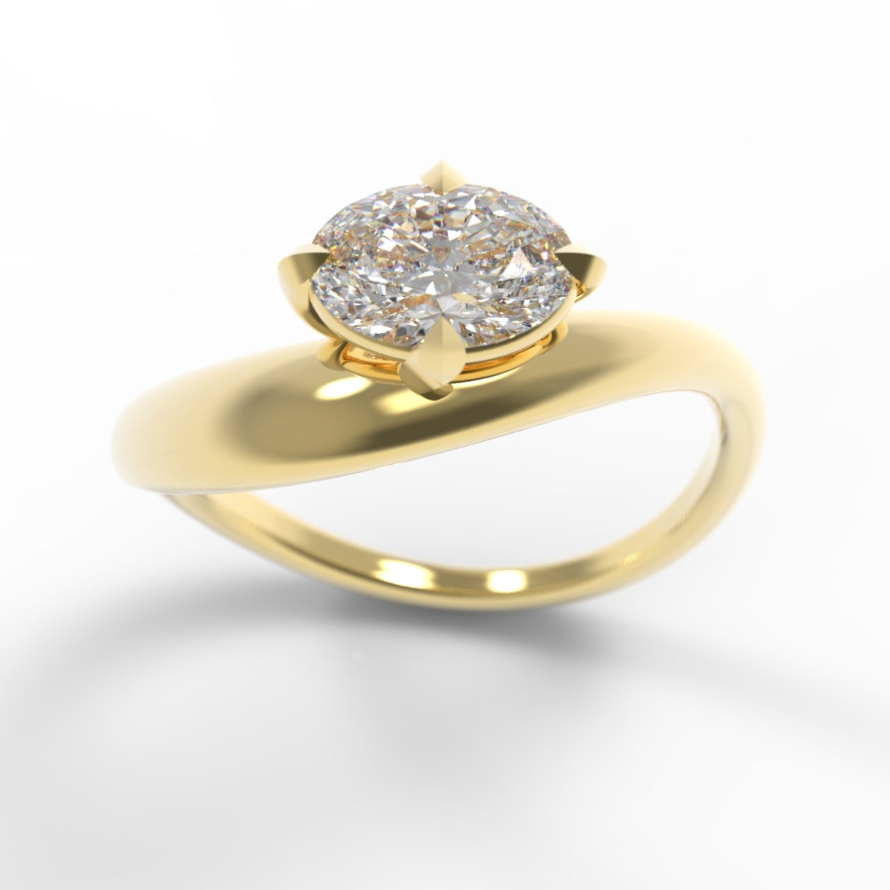 A Large Oval Diamond Ring, with a Wide Yellow Gold Band, with Sculptural Wave details and an East-West setting.
