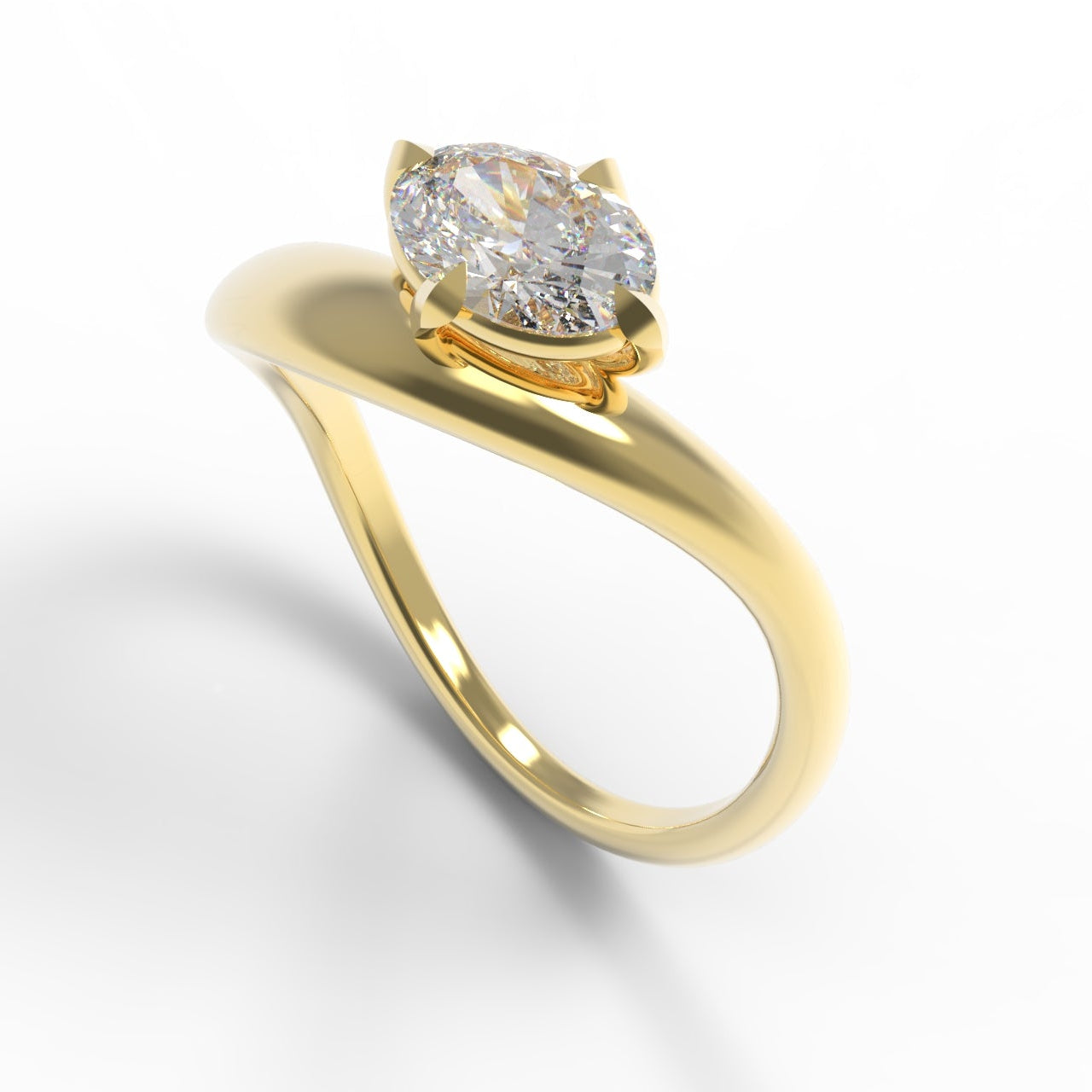 A Large Oval Diamond Ring, with a Wide Yellow Gold Band, with Sculptural Wave details and an East-West setting.