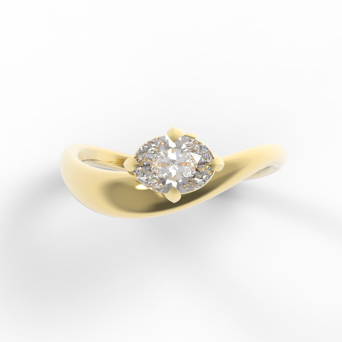A Large Oval Diamond Ring, with a Wide Yellow Gold Band, with Sculptural Wave details and an East-West setting.