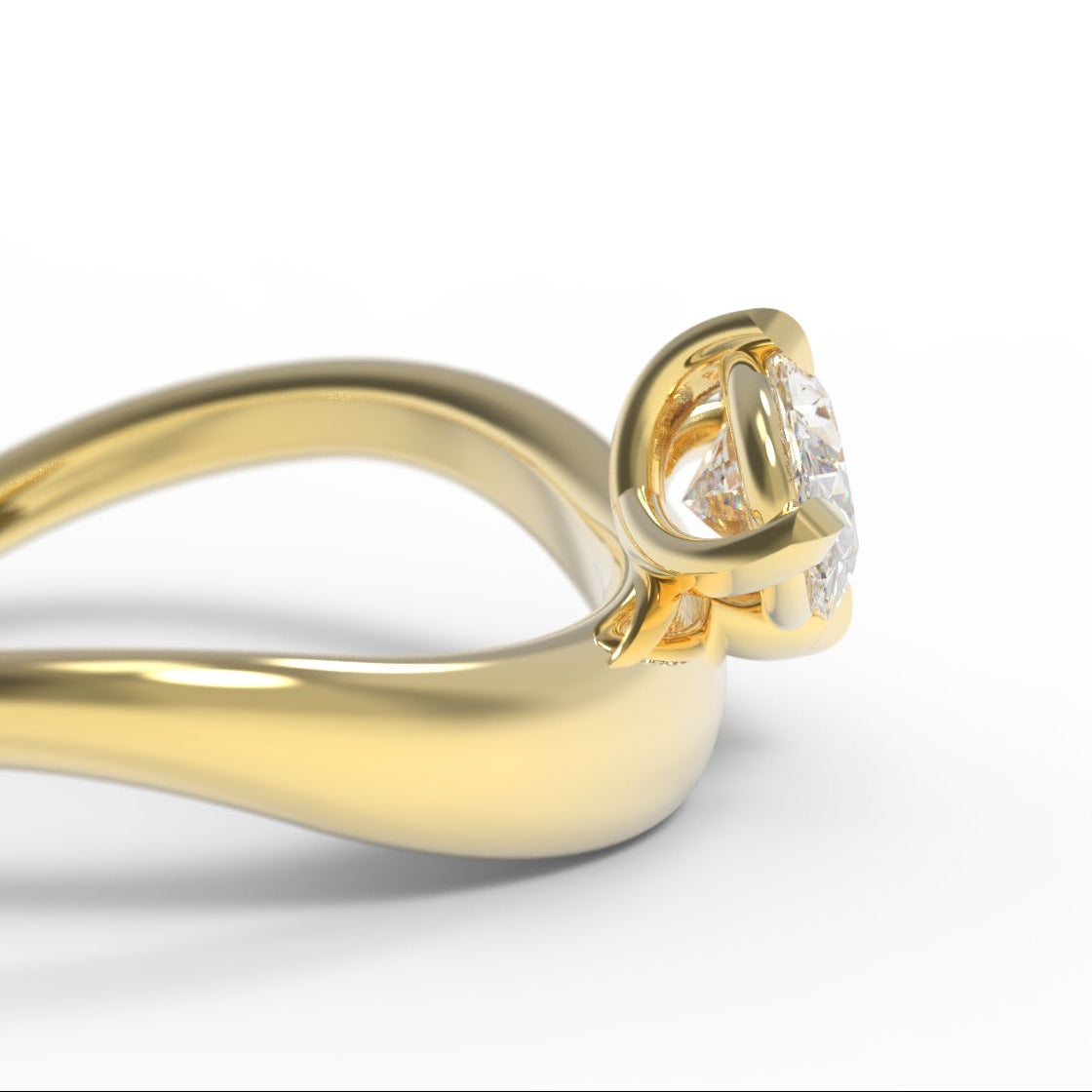 Hidden details under the setting of a Large Oval Diamond Ring, with a Wide Yellow Gold Band, with Sculptural Wave details and an East-West setting.