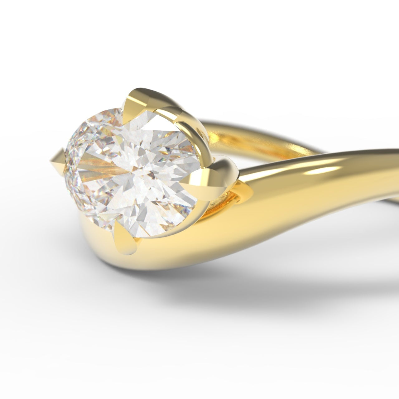 A Large Oval Diamond Ring, with a Wide Yellow Gold Band, with Sculptural Wave details, an East-West setting, and leaf claws holding the diamond.