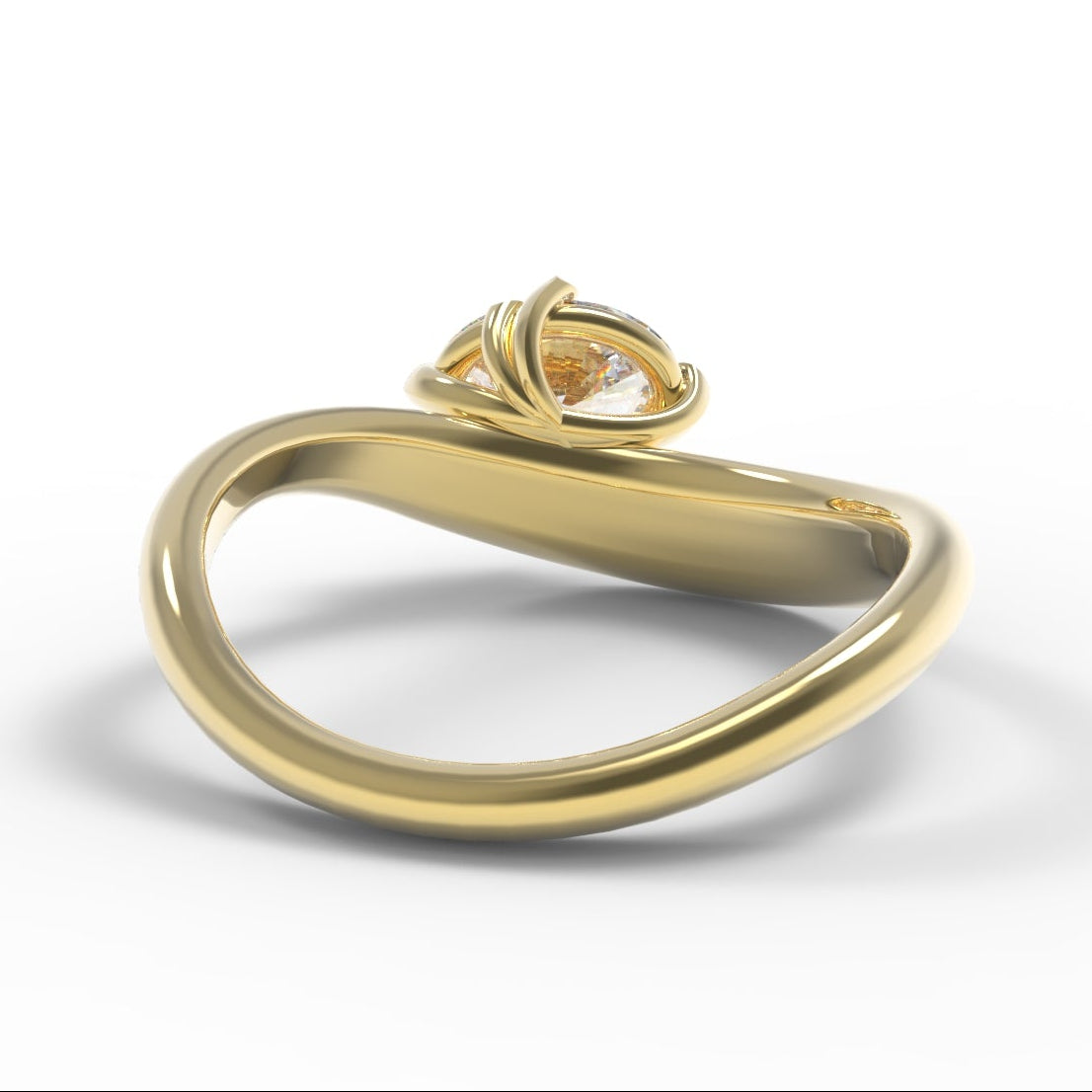 Unique setting details of a Large Oval Diamond Ring, with a Wide Yellow Gold Band, with Sculptural Wave details and an East-West setting.