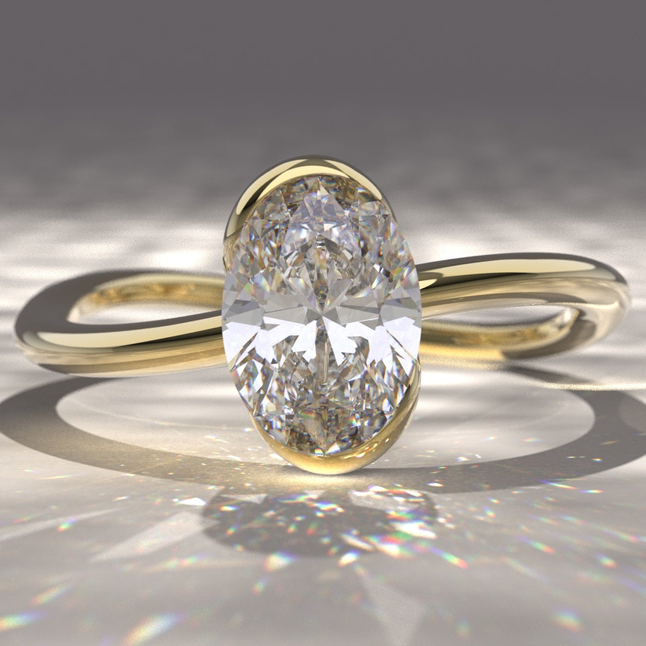 Ethically made in Canada, Gold ring with a large oval diamond on a light grey surface with reflective spotlight and daylighting.