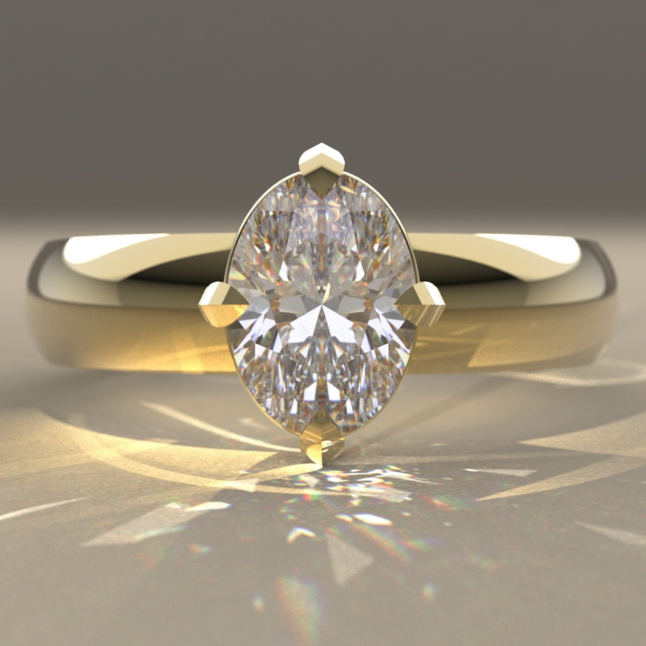 Oval Diamond Ring, with 4 claw setting, in 14K Yellow Gold on beige background, light by sunlight.