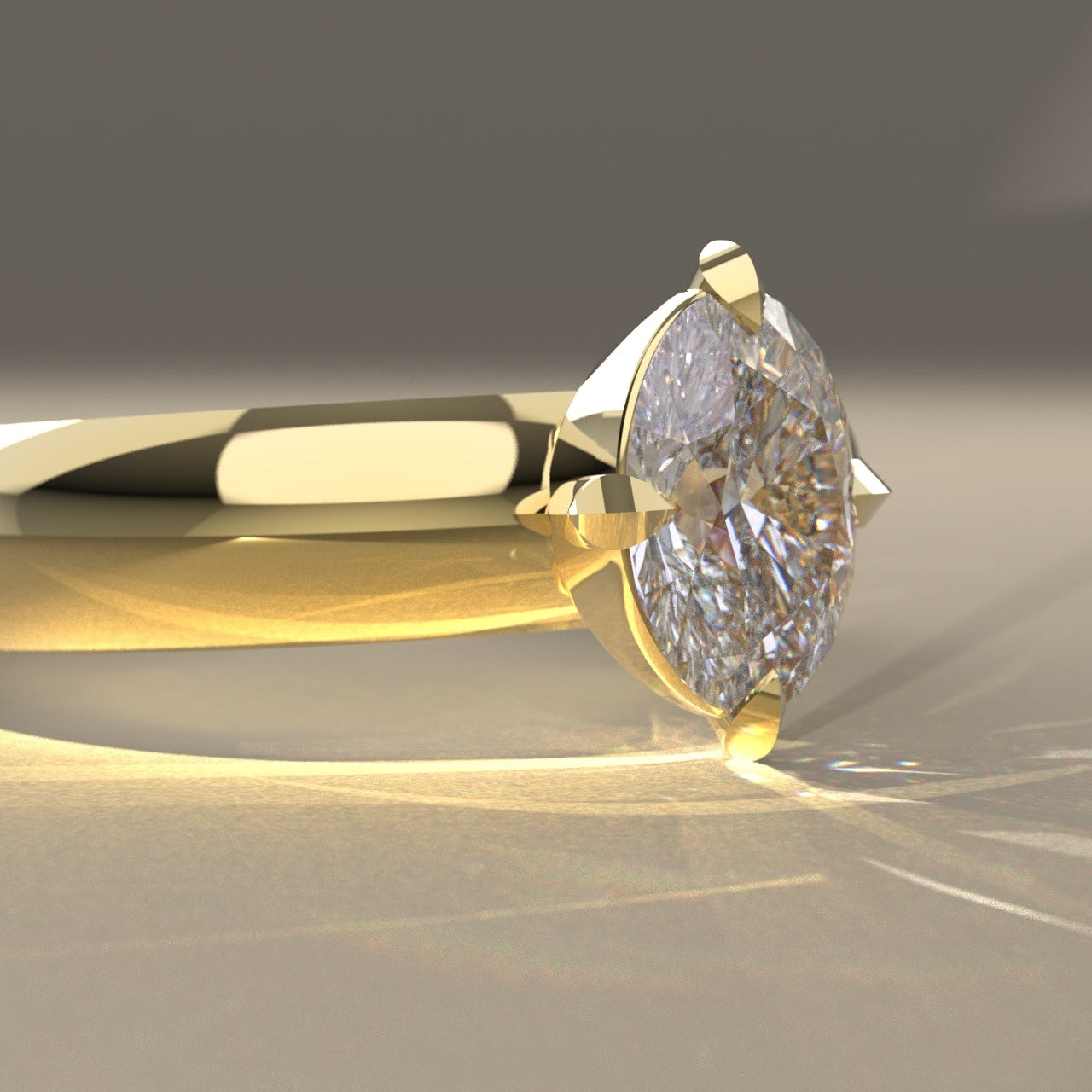 Oval Diamond Ring, with 4 claw setting, in 14K Yellow Gold on beige background, light by sunlight.