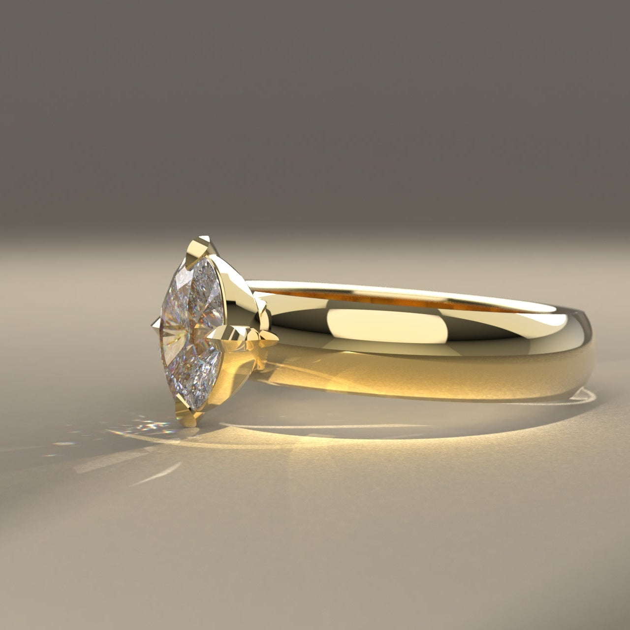 Oval Diamond Ring, with 4 claw setting, in 14K Yellow Gold on beige background, light by sunlight.