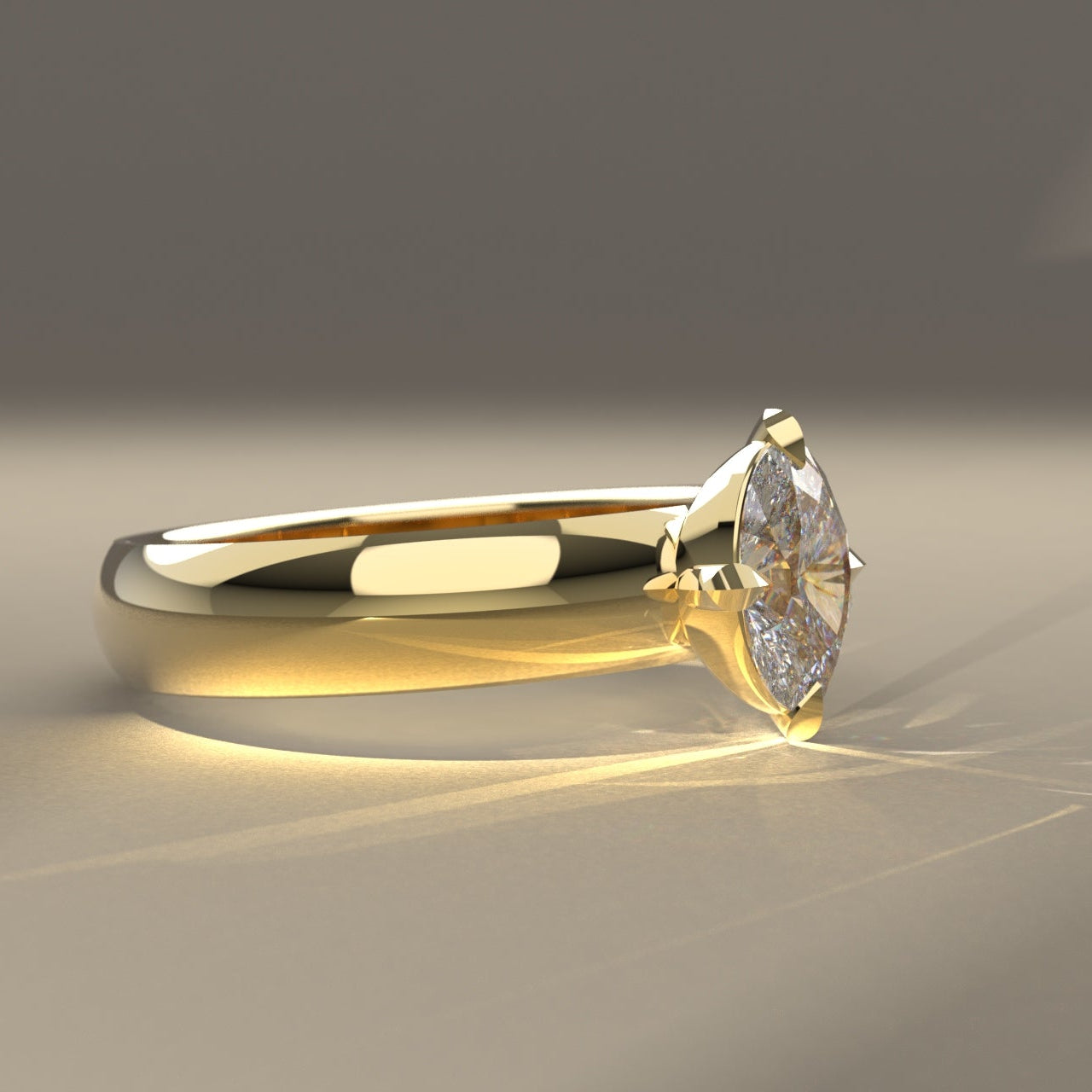 Oval Diamond Ring, with 4 claw setting, in 14K Yellow Gold on beige background, light by sunlight.