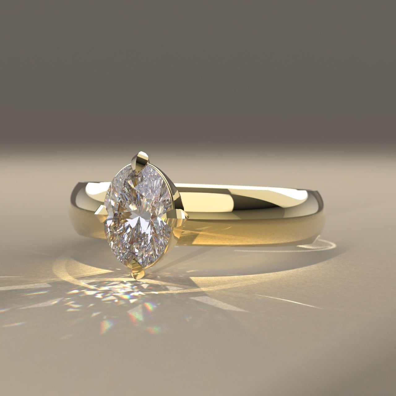 Oval Diamond Ring, with 4 claw setting, in 14K Yellow Gold on beige background, light by sunlight.