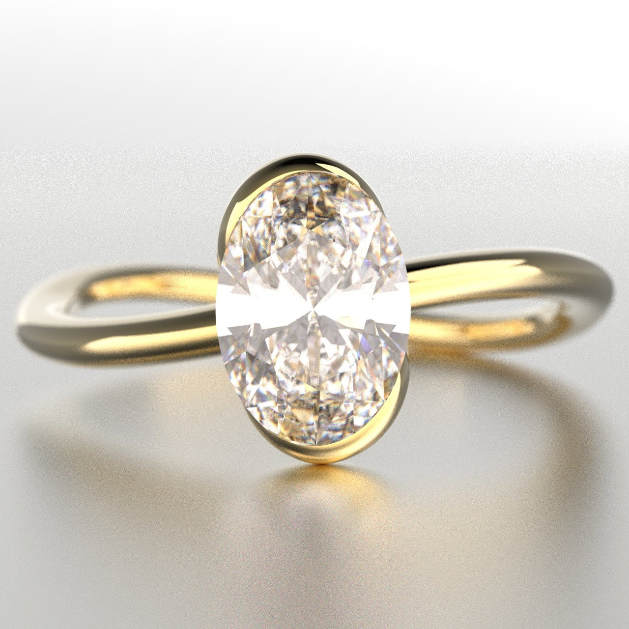 Ethically made in Canada, Gold ring with a large oval diamond on a light background in daylight.